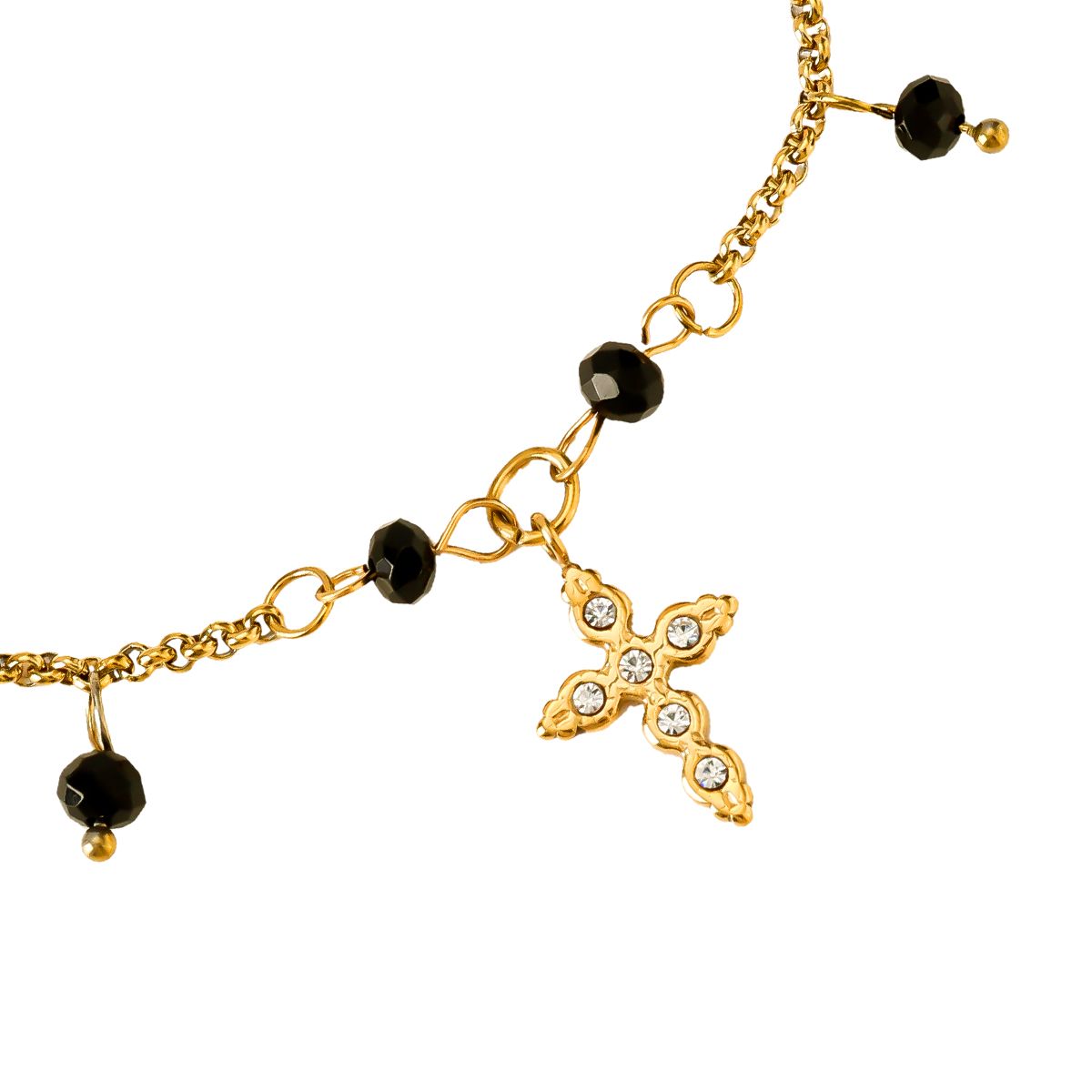 Natural Cross mit Schwarzen steinen Armband - 14K Goldplattierung