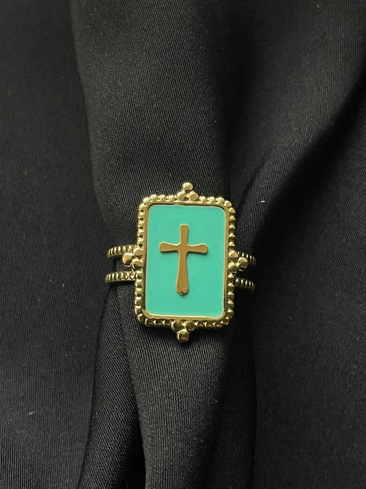 Statement Cross Ring Cyan - 14K Goldplattierung