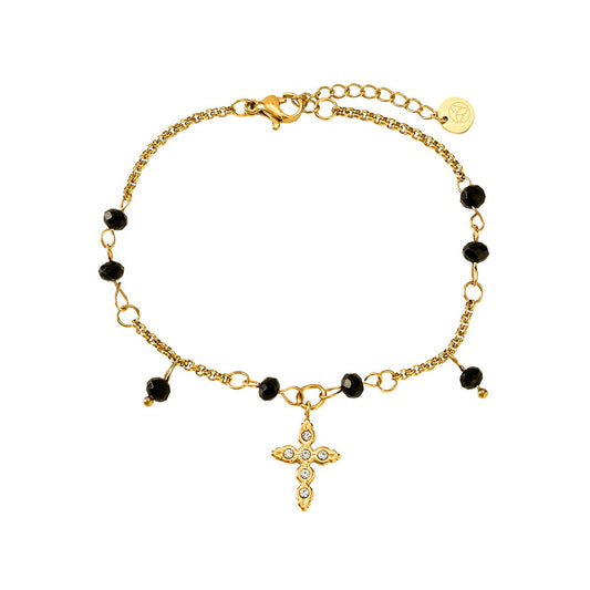Natural Cross mit Schwarzen steinen Armband - 14K Goldplattierung