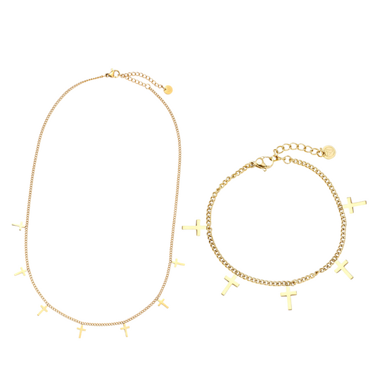 Pure Cross Halskette + Armband BUNDLE - 14K Vergoldet
