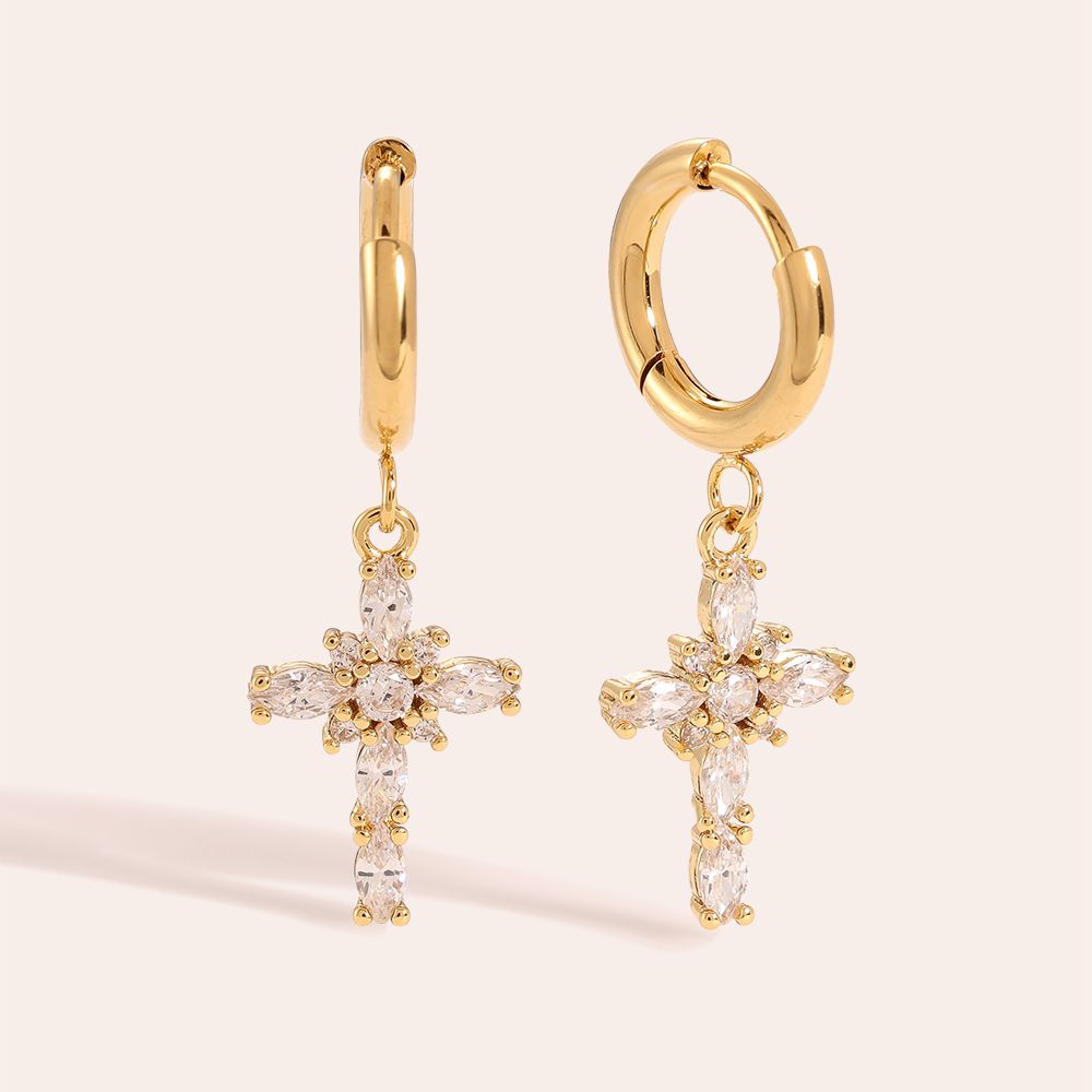 Ovale Stein Kreuz Ohrringe - 14K Goldplattierung