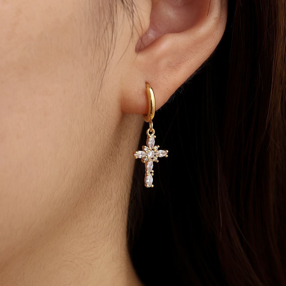 Ovale Stein Kreuz Ohrringe - 14K Goldplattierung